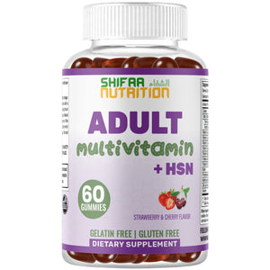 Halal adult multivitamin + HSN gummies in strawberry and cherry flavor made for adult daily routines.