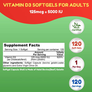 Halal Vitamin D3 5000IU Soft Gels for Adults – 120 Day Supply – Structure & Immune Support - SHIFAA NUTRITION