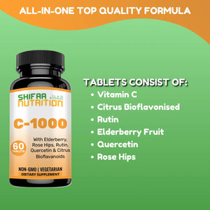 Halal Vitamin C Tablets for Adults, 1000mg - 60 Days Supply of Immune Support & Overall Wellness - SHIFAA NUTRITION