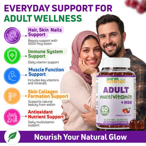 Gelatin free, gluten-free, non-GMO adult multivitamin + HSN gummies for clean adult routines.
