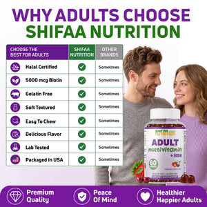 Adult multivitamin + HSN gummies for hair, skin and nails, immune function, and antioxidant support.