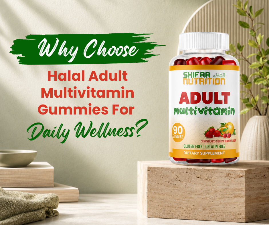 Support your daily wellness with SHIFAA NUTRITION Halal Adult Multivitamin Gummies. Gelatin-free, vegetarian gummies with essential vitamins and minerals.