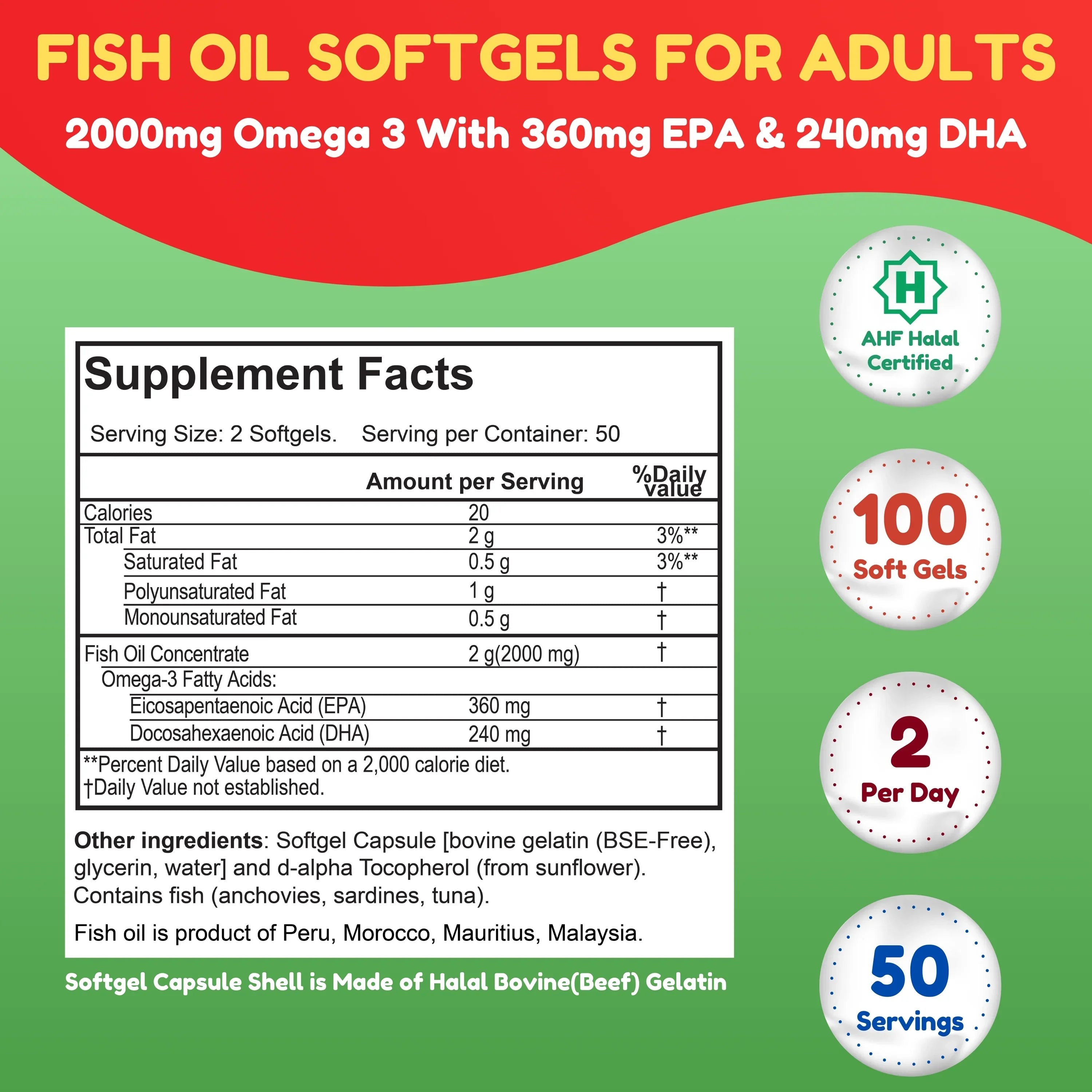 Halal Omega 3 Fish Oil for Adults, 2000mg – 50 Days Supply – Heart & Brain Support - SHIFAA NUTRITION