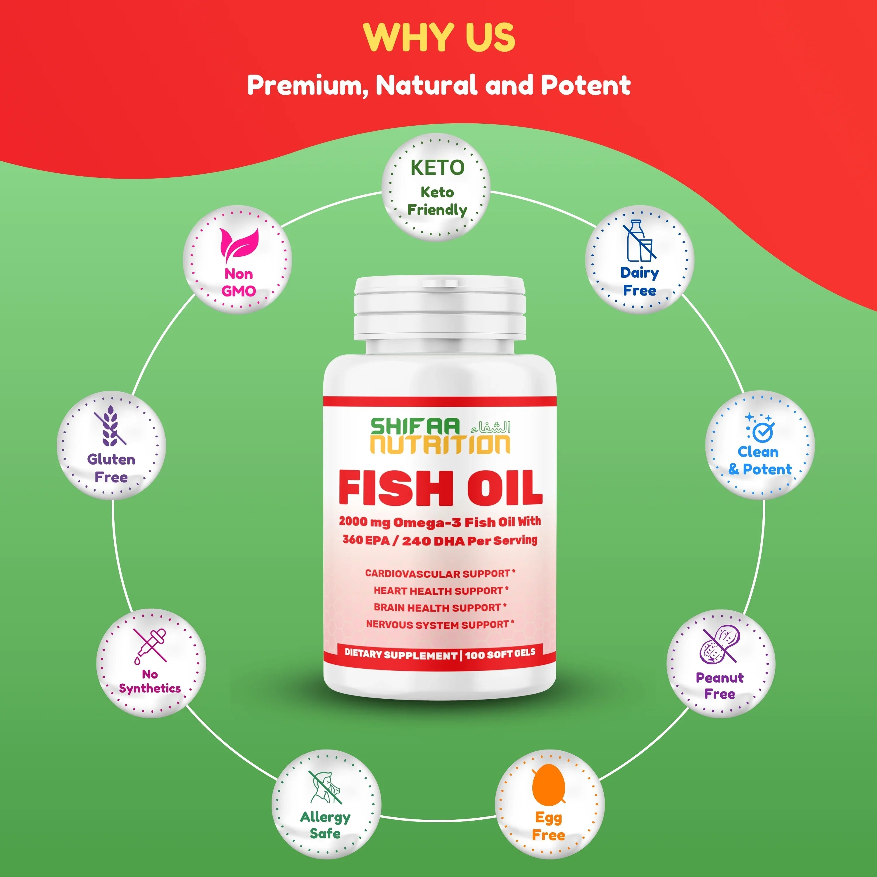 Halal Omega 3 Fish Oil for Adults, 2000mg – 50 Days Supply – Heart & Brain Support - SHIFAA NUTRITION