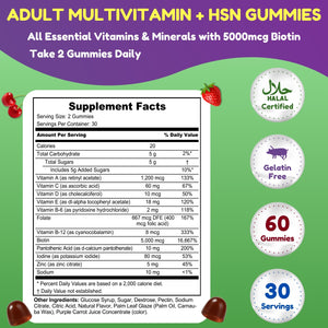 Vitamins A, C, D, E, B6, B12, folate, biotin, pantothenic acid, iodine, zinc, and sodium gummies.