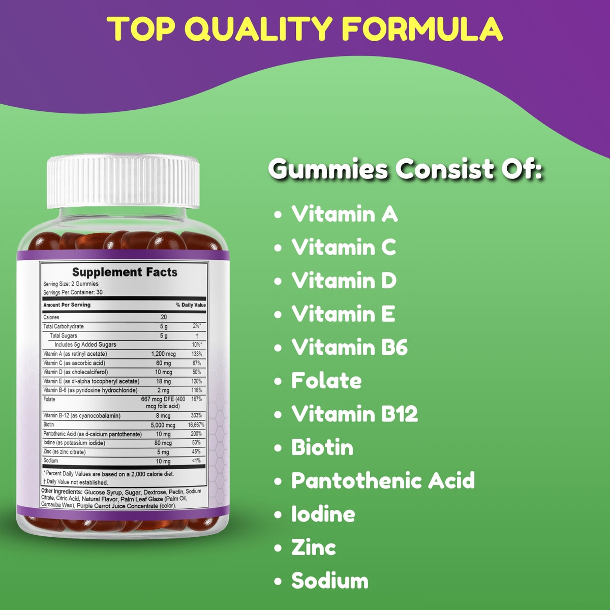 Adult multivitamin + HSN gummies for hair, skin and nails, immune function, and antioxidant support.