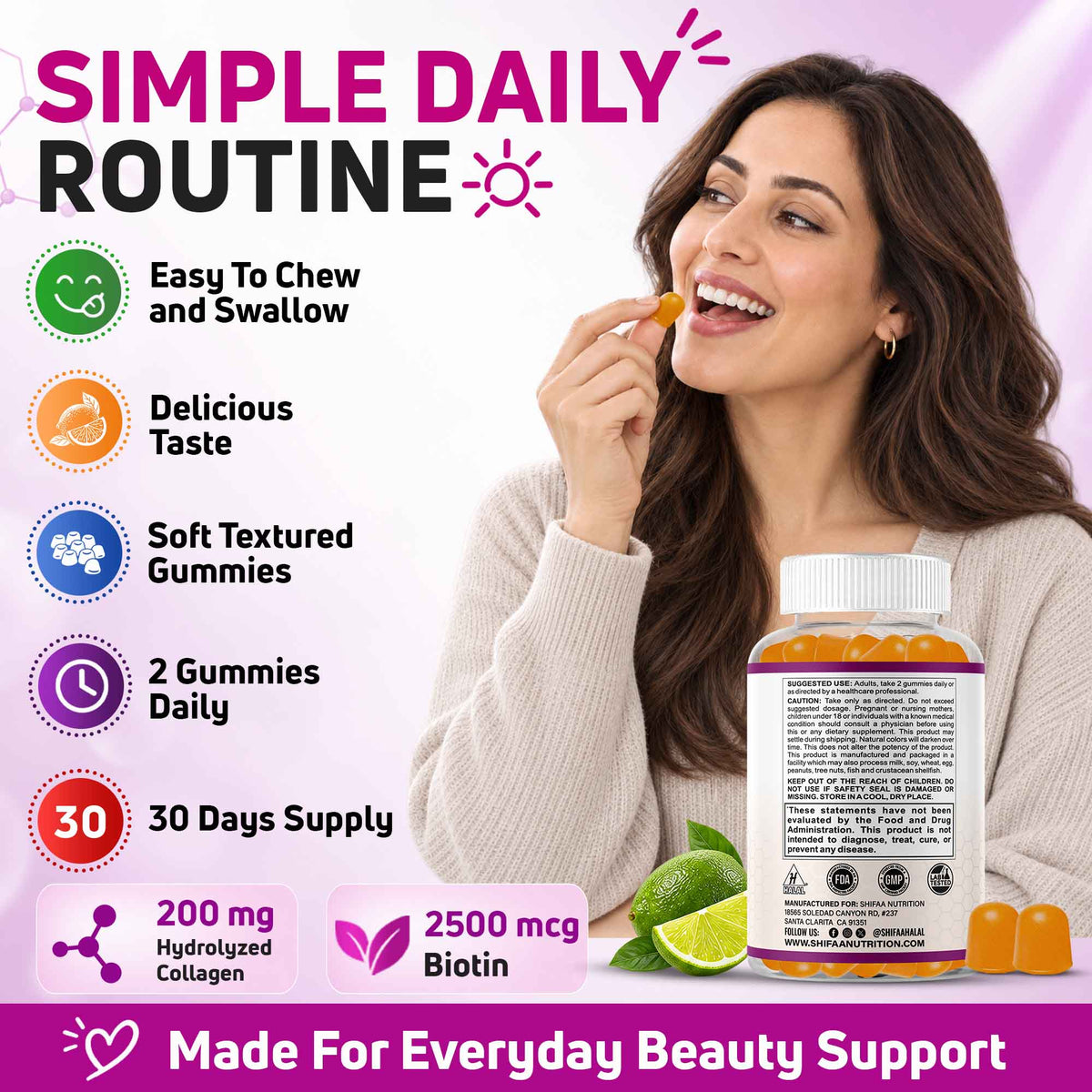 Easy-to-chew lime gummies shown beside the bottle for adults who prefer collagen biotin in a daily gummy format routine daily