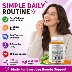 Easy-to-chew lime gummies shown beside the bottle for adults who prefer collagen biotin in a daily gummy format routine daily