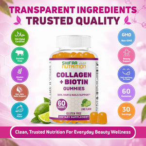 Sixty count collagen biotin gummies bottle with thirty servings and thirty day supply for adults women men and seniors daily