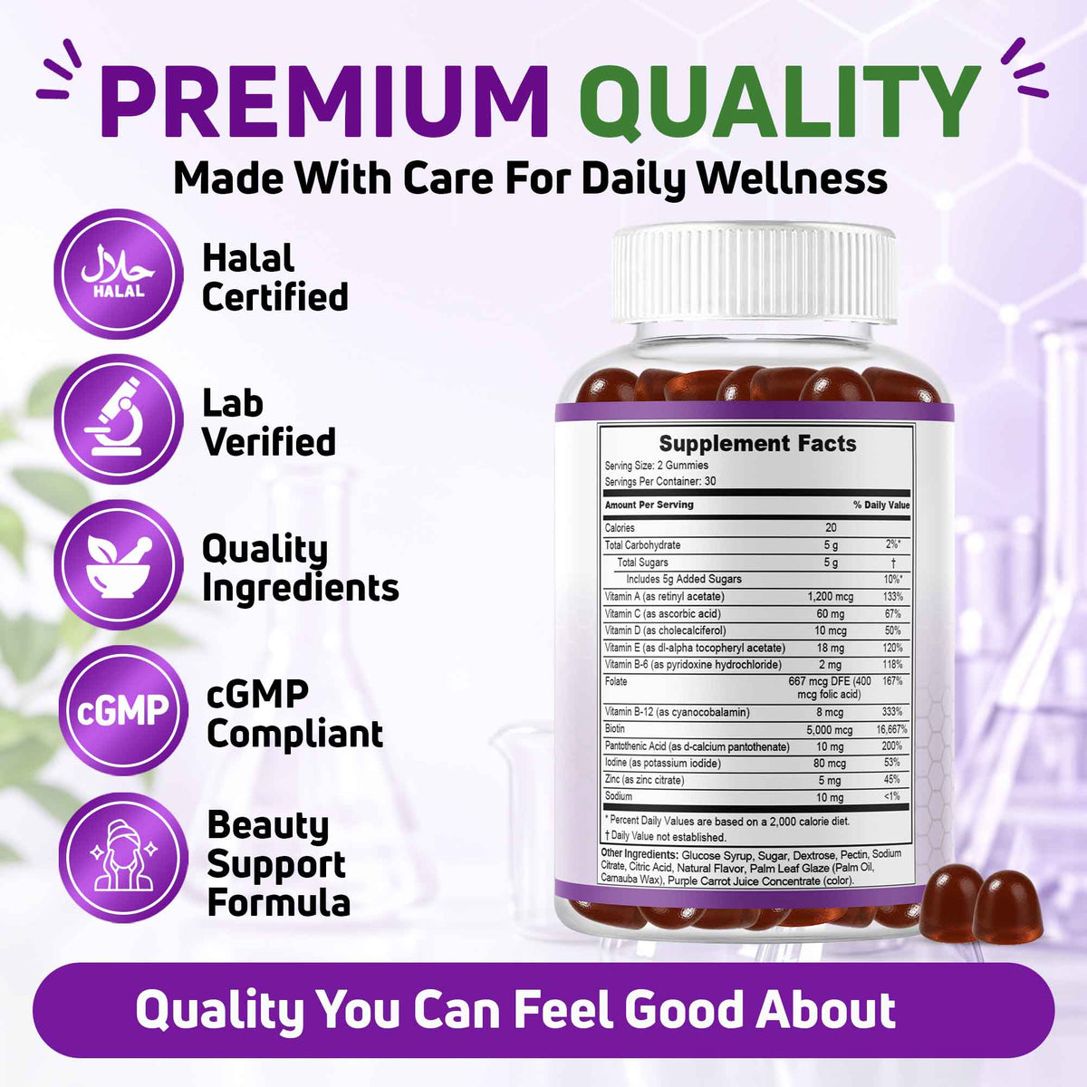 Vitamins A, C, D, E, B6, B12, folate, biotin, pantothenic acid, iodine, zinc, and sodium gummies.