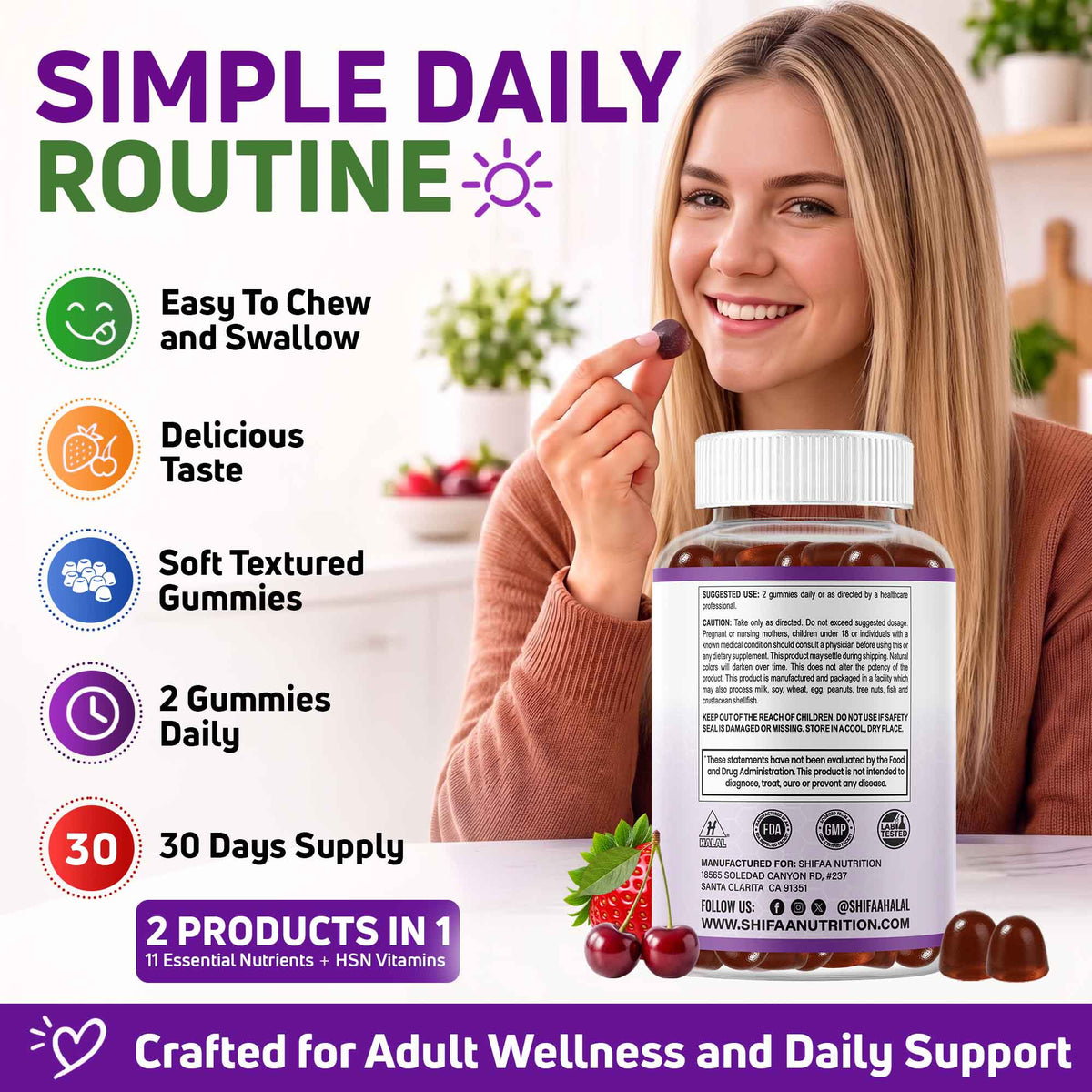 Sixty gummies with 30 servings and a 30 day supply for adult wellness routines.