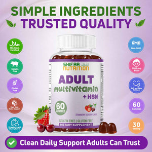 SHIFAA NUTRITION halal adult multivitamin + HSN gummies packaged in the USA with global ingredients.