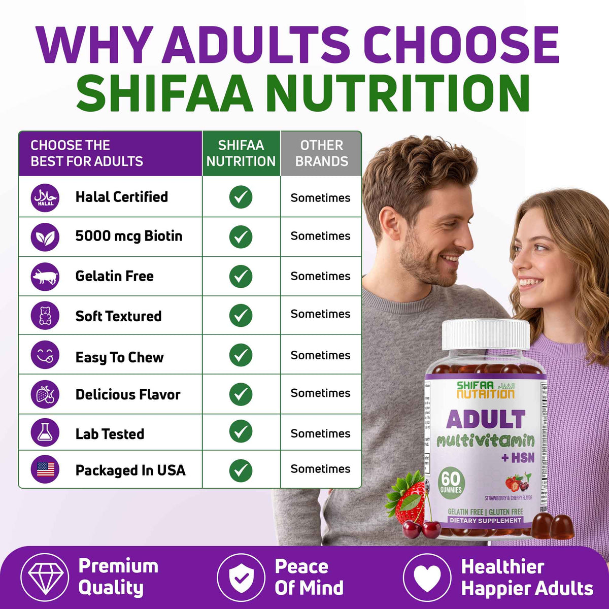 Adult multivitamin + HSN gummies for hair, skin and nails, immune function, and antioxidant support.