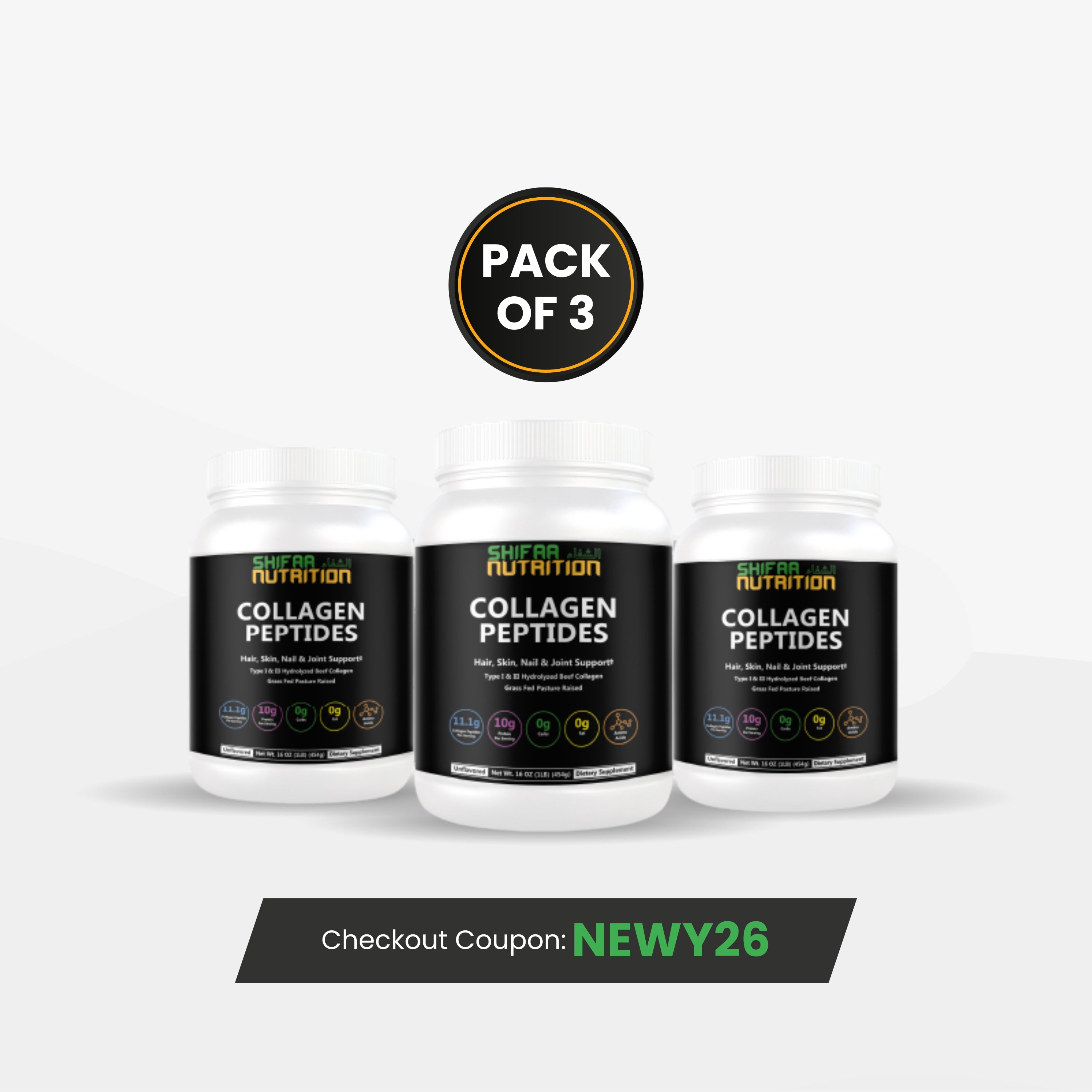 Pack of 3 - Halal Collagen Peptides Powder for Women & Men - 41 Servings